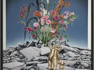 Maleri af kunstner Brian Saaby - From the ruin flowers grow 80x80 close up