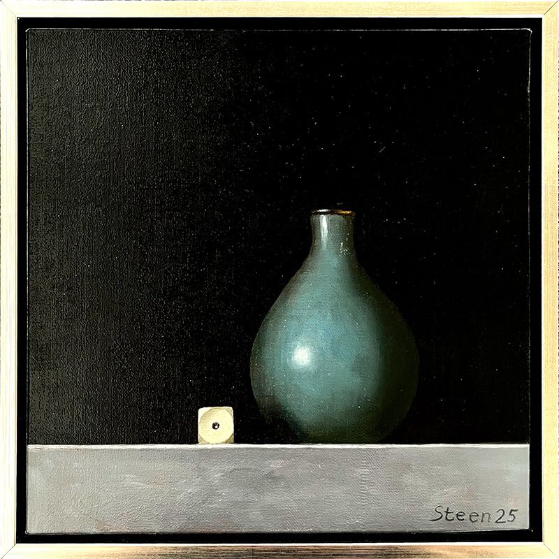 Maleri med blå vase og terning