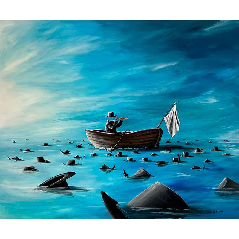 Maleri af Helena Hülsen - båd med hvidt flag