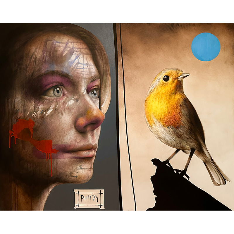 Maleri af Kim Pihl med ansigt og fugl