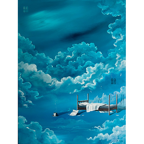 Maleri af Helena Hülsen med seng i skyer