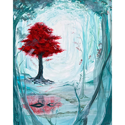 Maleri med rødt træ af Helena Hülsen