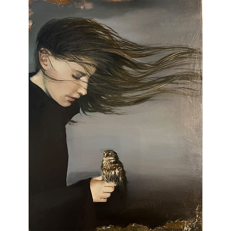 Maleri af Anna Emalia - kvinde med fugl