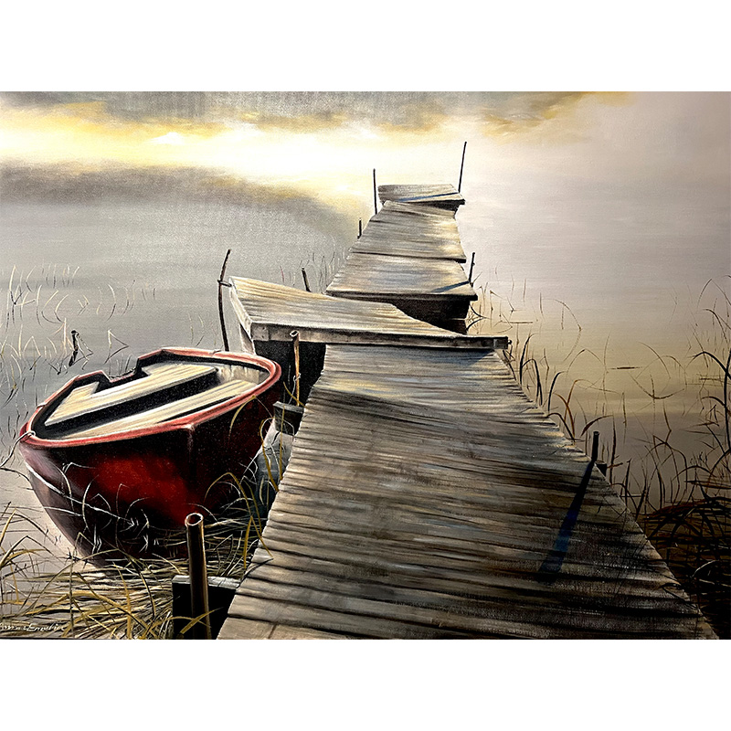 Maleri af Anna Emelia med båd ved bro