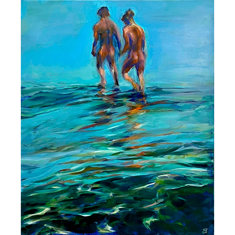 Maleri af to mennesker ved strand