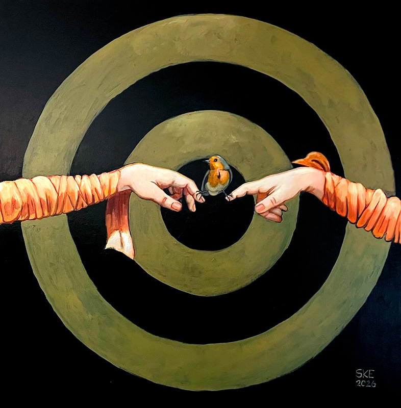 Maleri med to hænder og en fugl