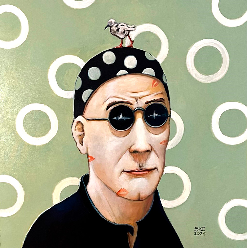 Maleri af mand med fugl på hovedet