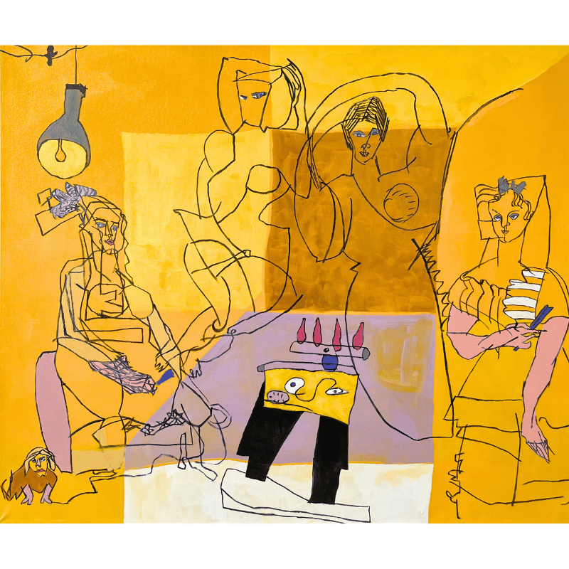 Maleri af Bentemarie Kjeldbæk - Goya på marked - 120x140