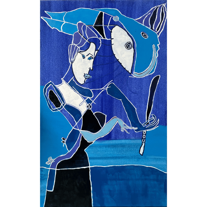 Maleri af Bentemarie Kjeldbæk - Madmarkedsdame med fisk - 130x80