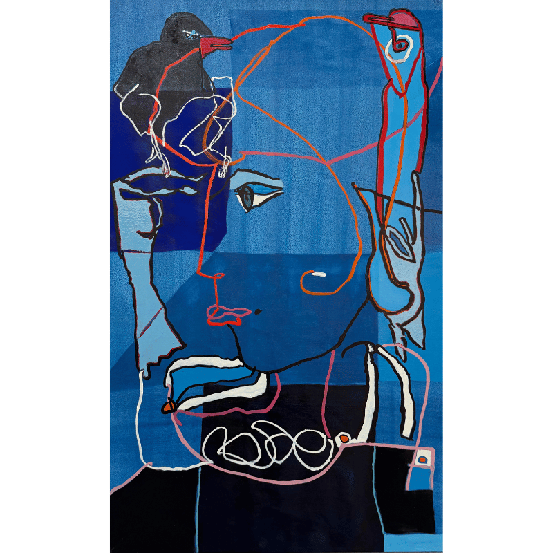 Maleri af Bentemarie Kjeldbæk - Madmarkedsdame med fugl