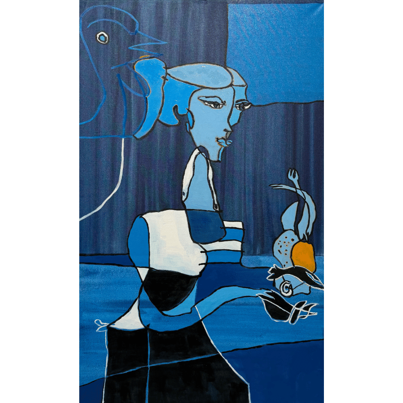 Maleri af Bentemarie Kjeldbæk - Madmarkedsdame med kylling - 130x80