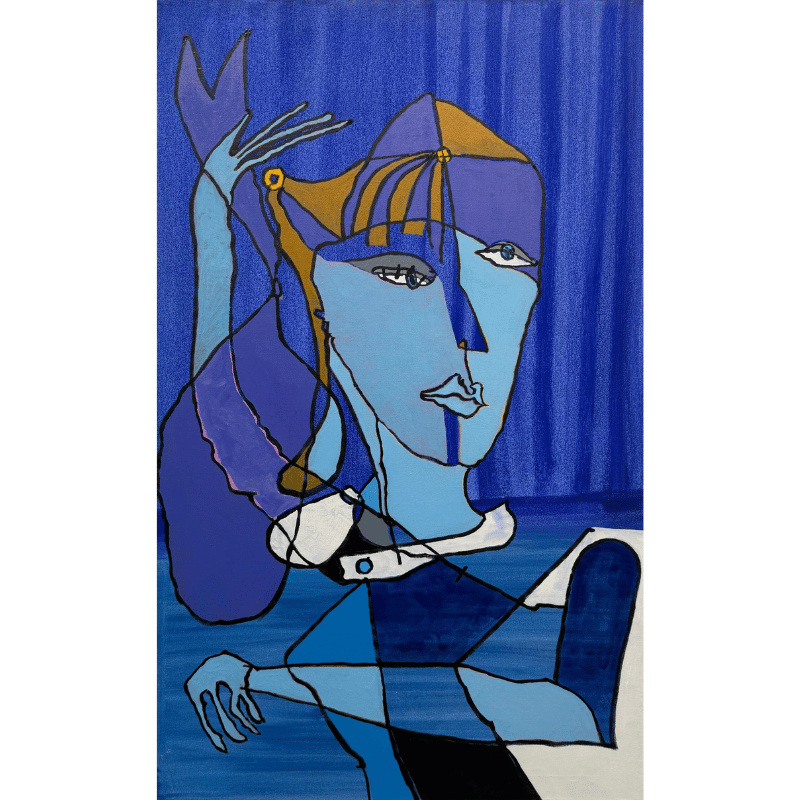 Maleri af Bentemarie Kjeldbæk - Madmarkedsdame med skinke