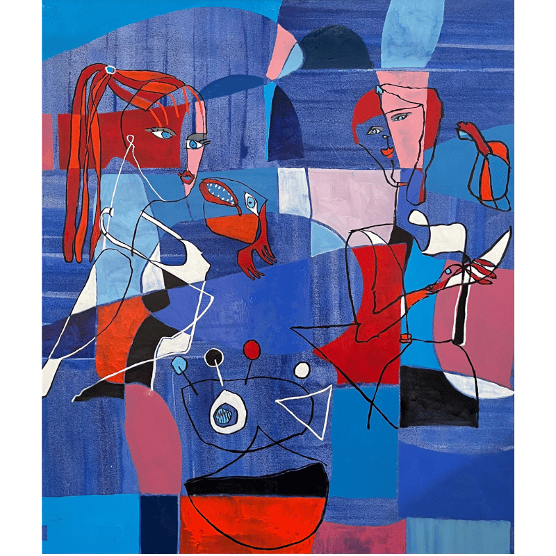 Maleri af Bentemarie Kjeldbæk - Madmarkedsdamer ser på Miro - 175x150