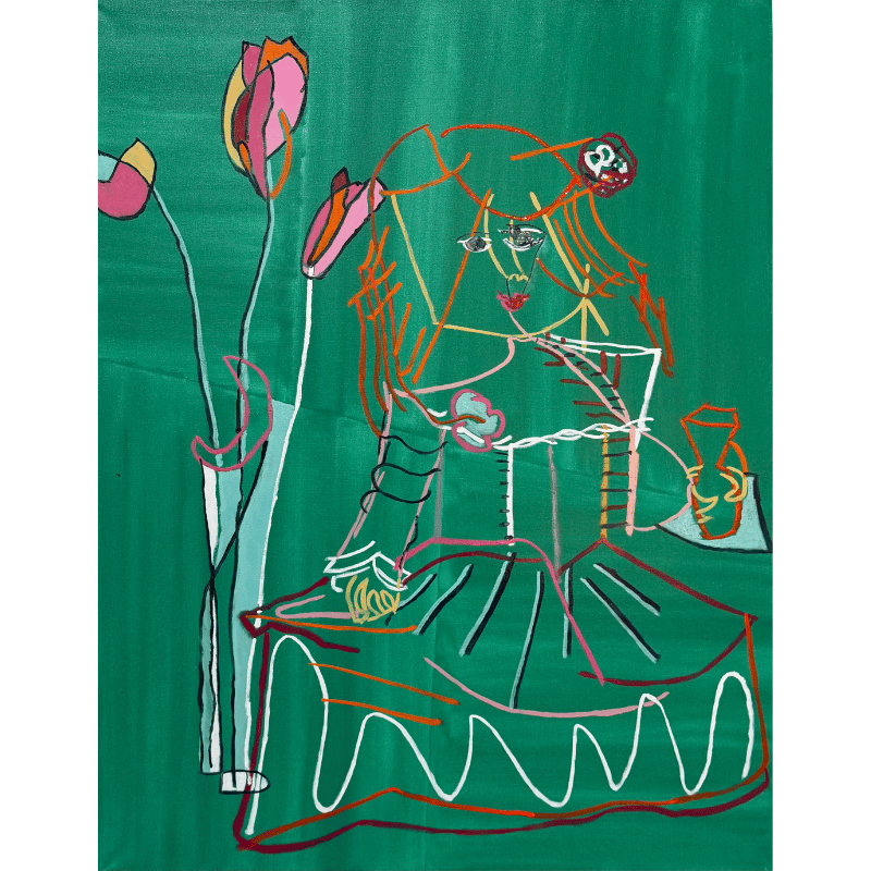 Maleri af Bentemarie Kjeldbæk - Margarita med blomster - 115x90