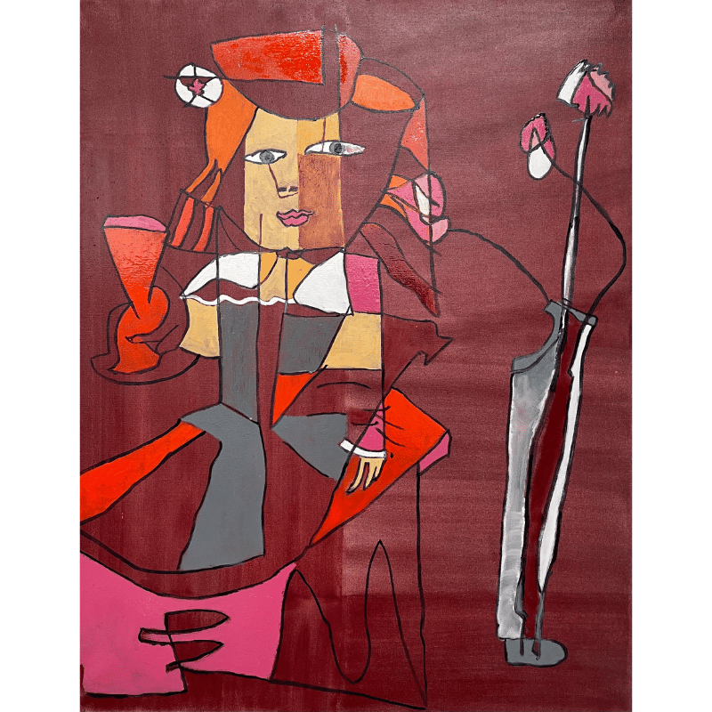 Maleri af Bentemarie Kjeldbæk - Margarita med rød kop - 115x90