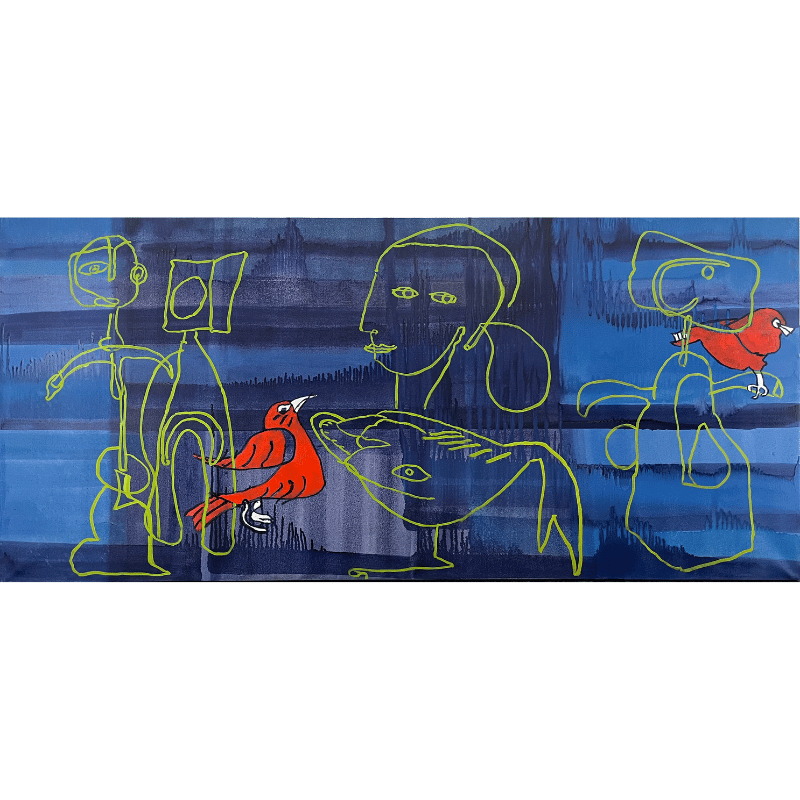 Maleri af Bentemarie Kjeldbæk - Rød fugl på marked - 70x175