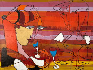 Maleri af Bentemarie Kjeldbæk - To kvinder med blå drinks - 90x115