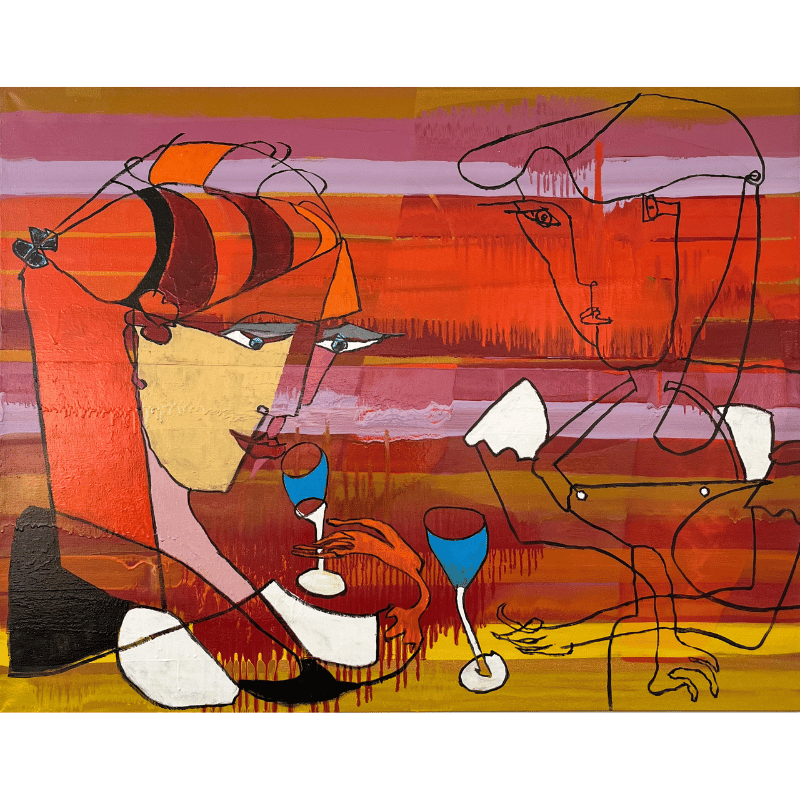 Maleri af Bentemarie Kjeldbæk - To kvinder med blå drinks - 90x115