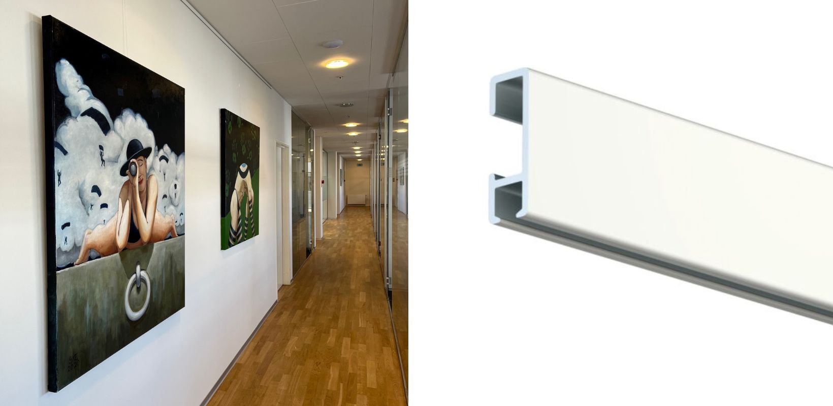 Foto til venstre af gang med malerier og galleri skinne. Foto til højre af en galleriskinne tæt på.
